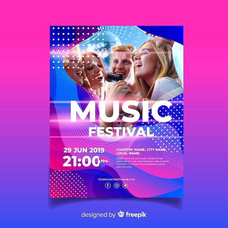 Vector Gratis templat poster musik penuh warna abstrak dengan foto