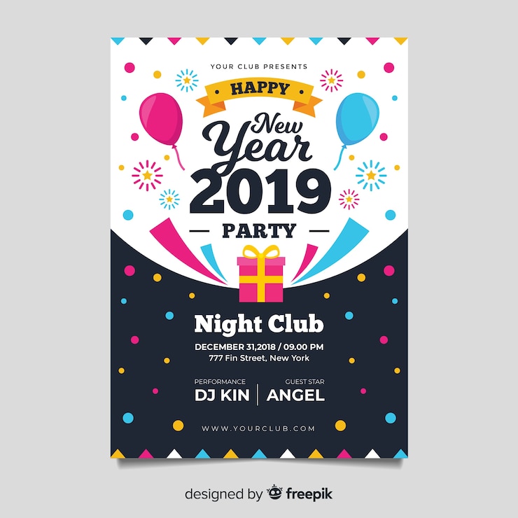 Vector Gratis templat poster pesta tahun baru modern dengan desain datar
