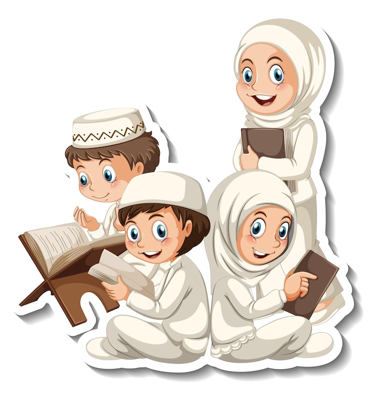 Vector Gratis templat stiker dengan karakter kartun keluarga muslim