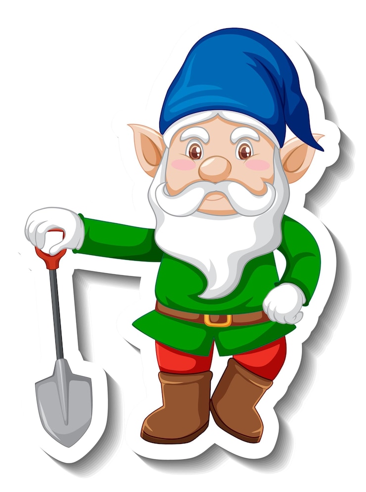 Vector Gratis templat stiker dengan karakter kartun kurcaci atau gnome taman