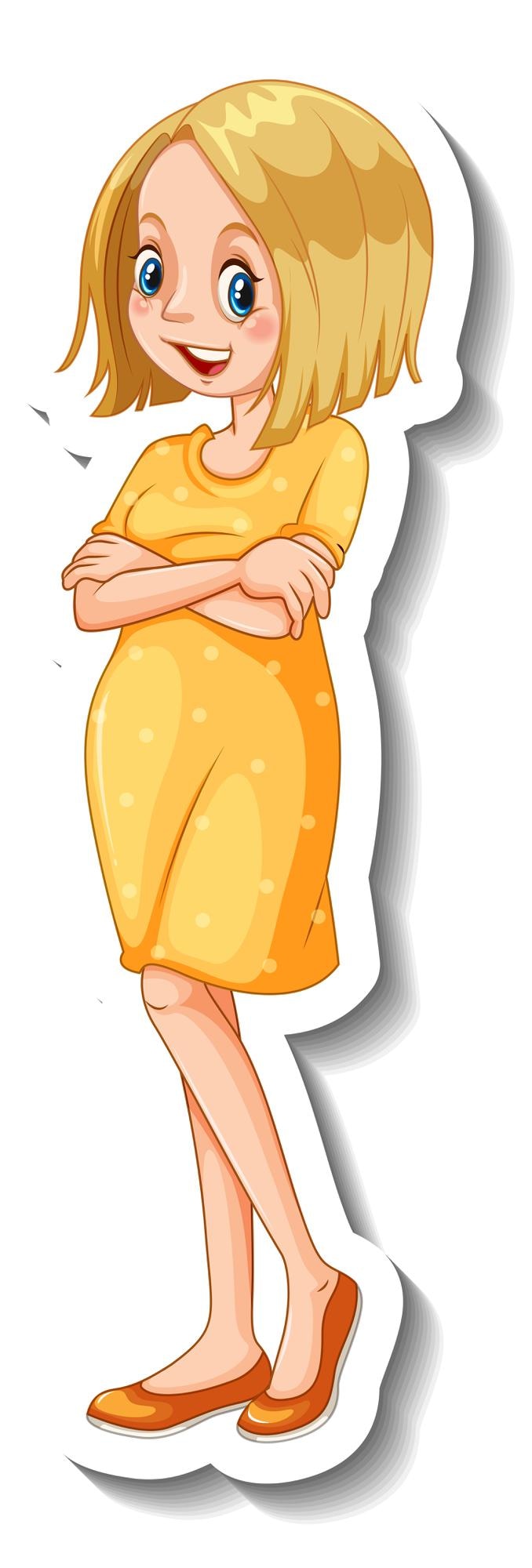 Vector Gratis templat stiker dengan seorang wanita mengenakan gaun kuning dalam pose berdiri