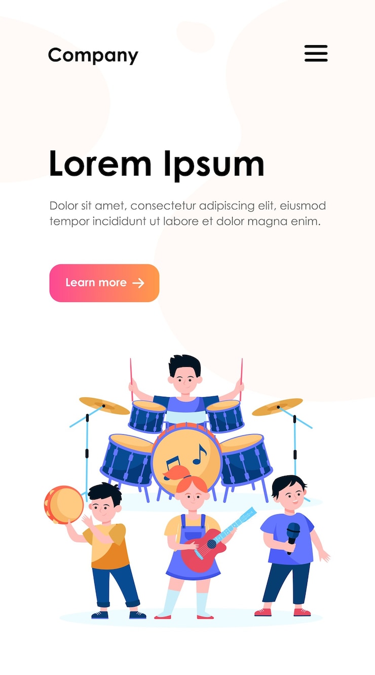 Vector Gratis template web band anak-anak kartun. seniman muda, penyanyi, atau musisi yang lucu menyanyikan lagu dan memainkan alat musik