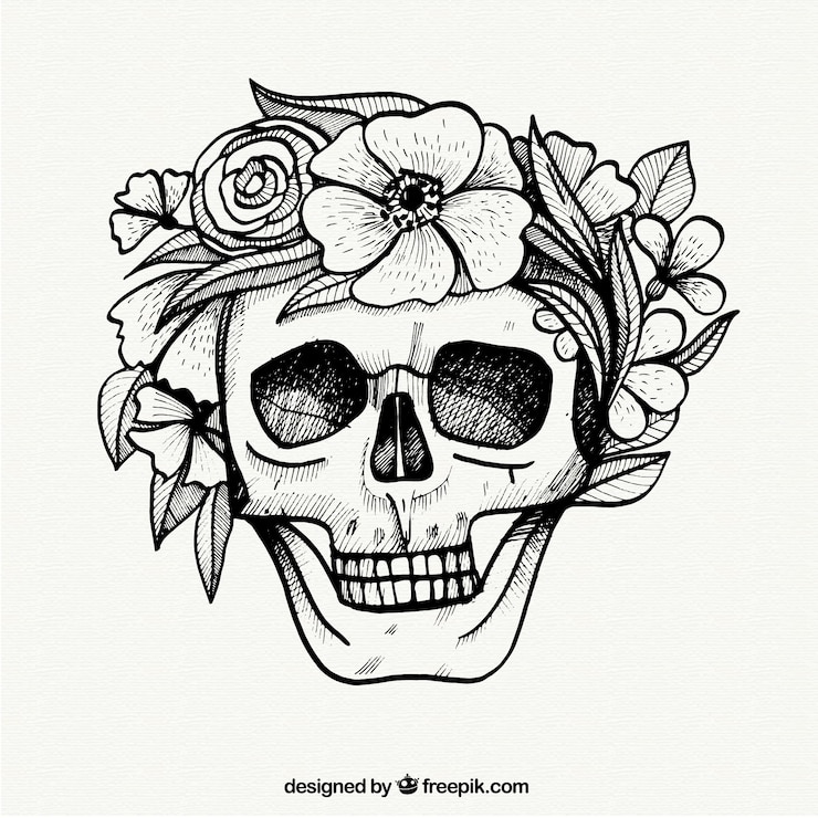 Vector Gratis tengkorak dengan bunga dalam gaya yang digambar tangan