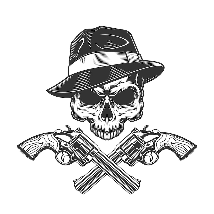 Vector Gratis tengkorak gangster monokrom vintage tanpa rahang
