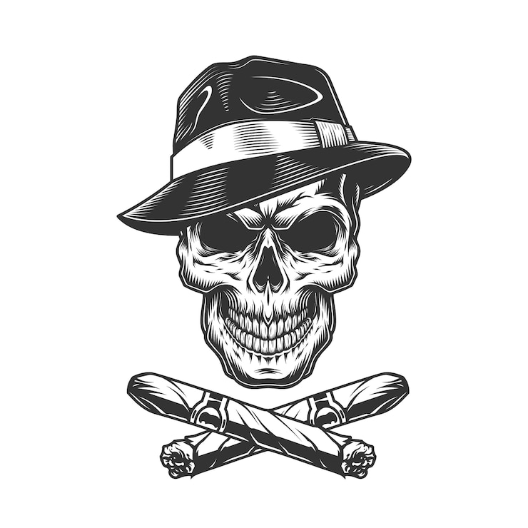 Vector Gratis tengkorak gangster vintage dengan topi fedora
