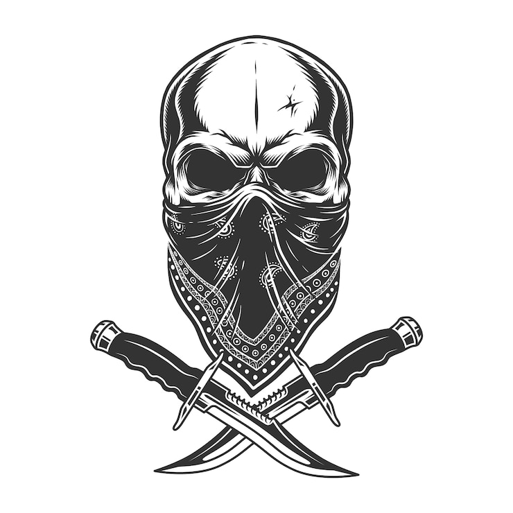 Vector Gratis tengkorak monokrom vintage di bandana