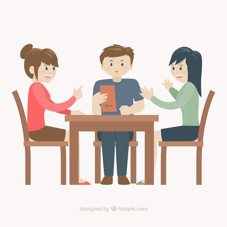 Vector Gratis three happy friends in a restaurant