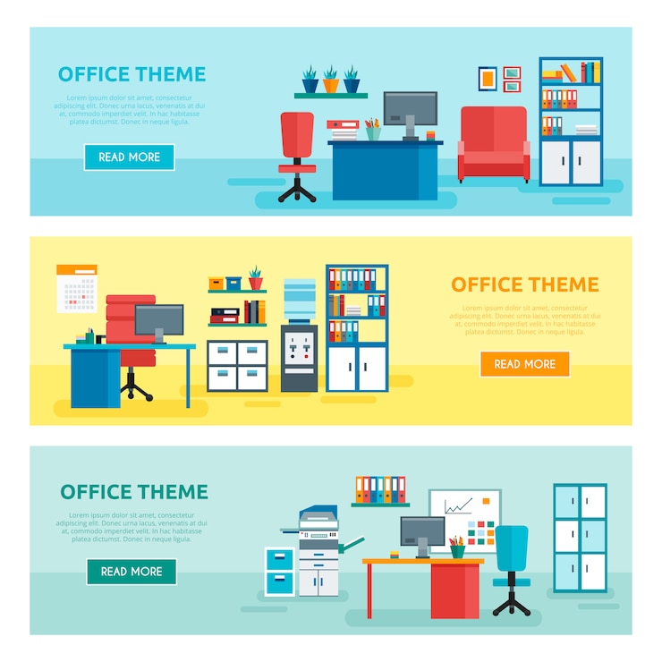 Vector Gratis three horizontal colored office banner set with office theme descriptions and buttons