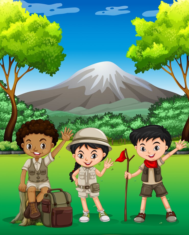 Vector Gratis three kids hiking in the forest