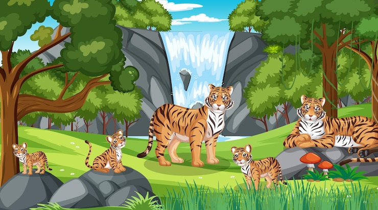 Vector Gratis tiger family in the forest scene with many trees