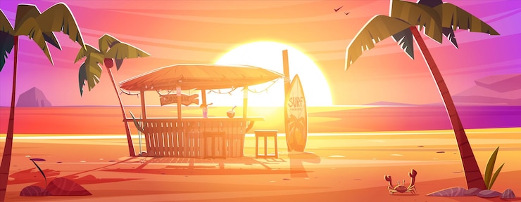 Vector Gratis tiki bar and surfboard on sea sand beach on sunset