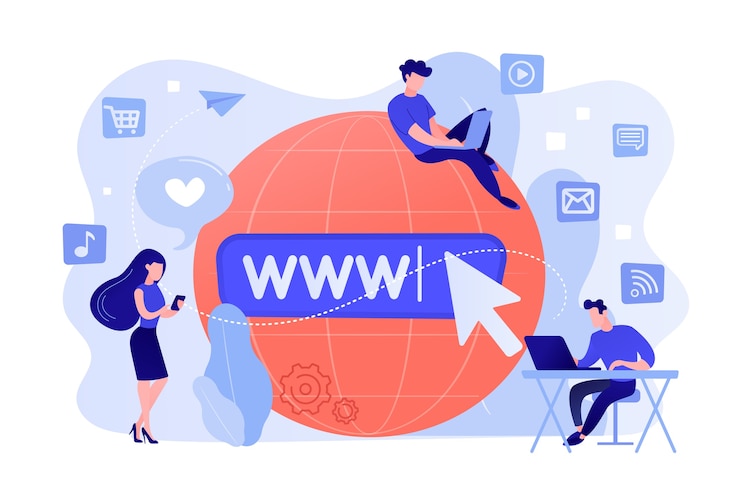 Vector Gratis tiny business people with digital devices at big globe surfing internet