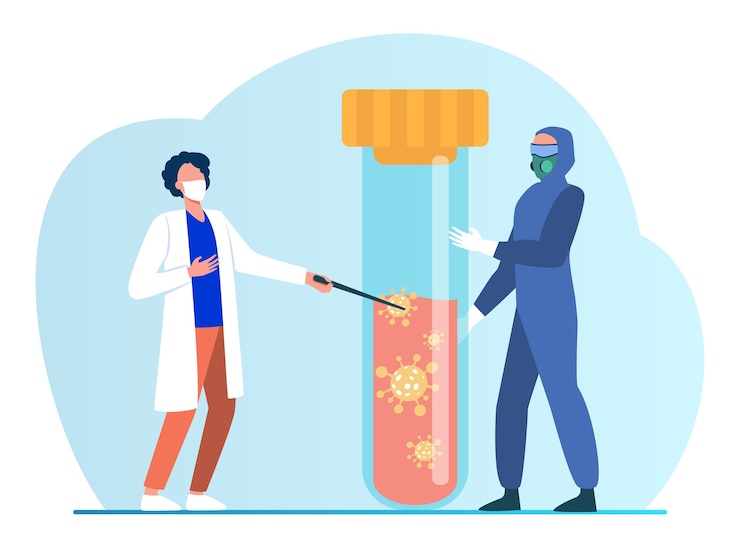 Vector Gratis tiny people in protective uniform holding flask with blood. coronavirus, mask, analysis flat vector illustration. pandemic and medicine