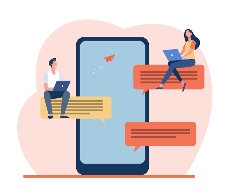 Vector Gratis tiny people sitting on large speech bubbles. smartphone, online, message flat vector illustration. social media and digital technology