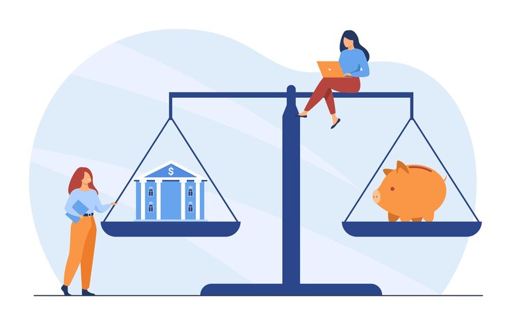 Vector Gratis tiny people with house and piggy bank on scales