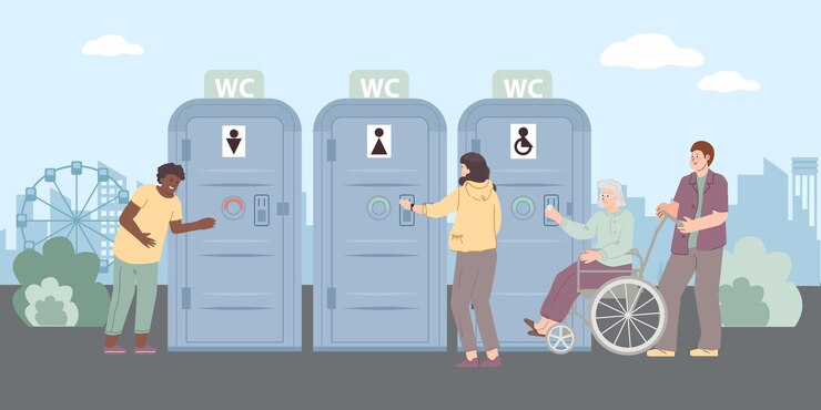 Vector Gratis toilet umum di zona taman kota dengan kabin jalanan untuk pria wanita dan orang berkebutuhan khusus ilustrasi vektor latar belakang datar