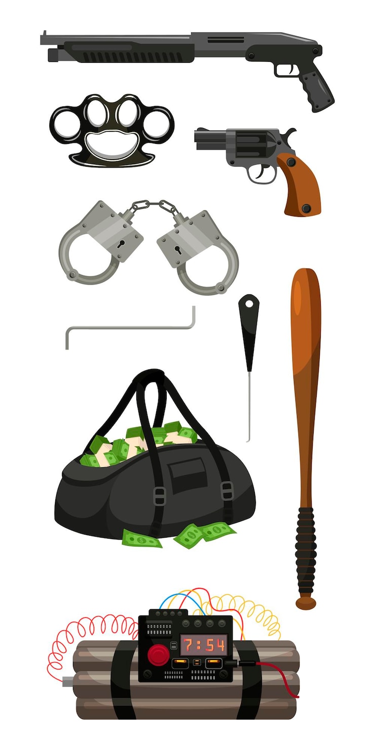 Vector Gratis tool and weapon for bank theft set isolated on white knuckle duster riffle revolver handcuffs picklock kit wooden bat leather bag filled with stolen money time bomb