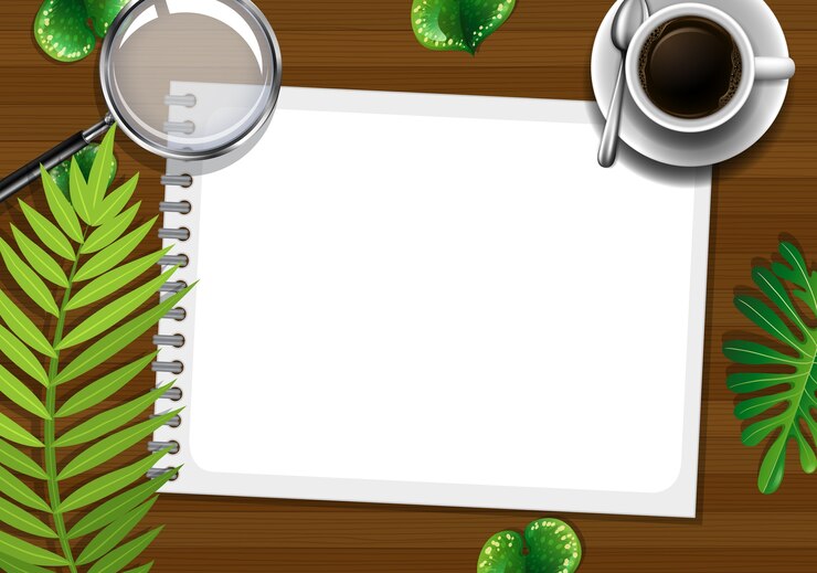 Vector Gratis top view office work table with office elements with green leaves