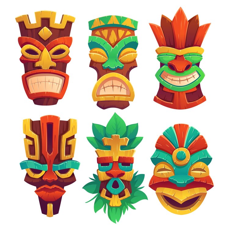 Vector Gratis topeng tiki dengan wajah seram dan mulut bergigi, dihiasi dengan daun yang diisolasi