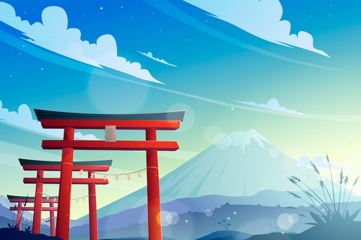 Vector Gratis torii gate and fuji mountain