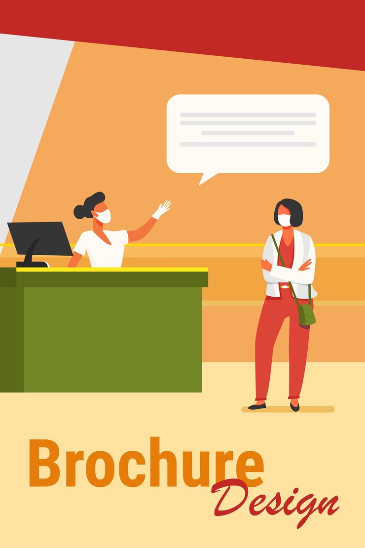 Vector Gratis tourist and airport employee wearing face mask. women talking at check in desk flat vector illustration. social distance, travel concept 