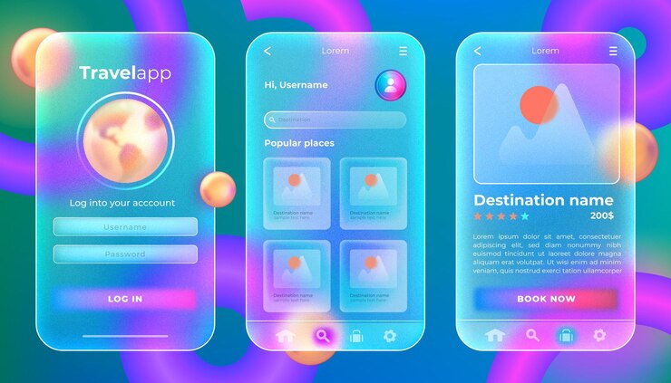 Vector Gratis travel app web page gui design in glassmorphism style mobile ui kits for user interface designers frosted acrylic mobile application vector template with ux purple gradient screens for planning trip