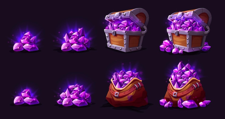 Vector Gratis treasure chest and bag with amethyst crystals