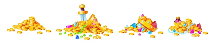 Vector Gratis treasure, golden coins, crystal gems, crown, sword in pile of gold, goblet with precious rocks, ancient fantasy magic game assets, pirate loot isolated