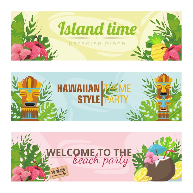 Vector Gratis trendy banners for hawaiian holidays vector illustration. bright totems, flowers and fruits and text. summer vacation and island concept