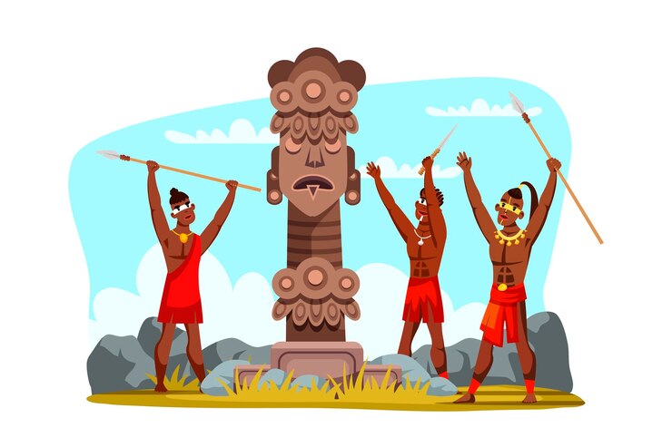Vector Gratis tribal man warrior characters wearing traditional clothes holding spear weapon in hands praying to pagan god religious idol statue