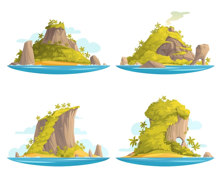 Vector Gratis tropical island cartoon landscapes set with abundant forests isolated vector illustration
