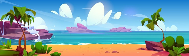 Vector Gratis tropical seascape with sandy beach and palm trees vector cartoon illustration of beautiful sea view waterfall on rocky stone island exotic green plants waves washing sunny coastline summer resort