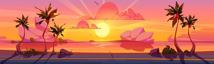 Vector Gratis tropical sunset coastal road cartoon illustration