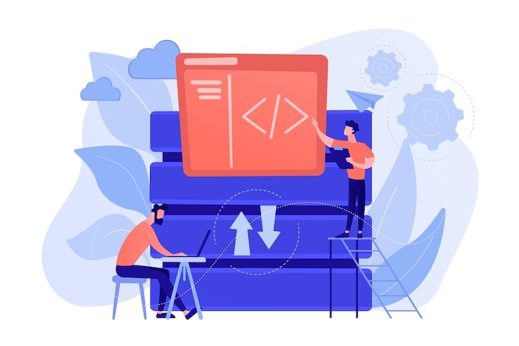Vector Gratis two developers working with big data technology. big data management and storage, database analytics and design, data software engineering concept. vector isolated illustration.