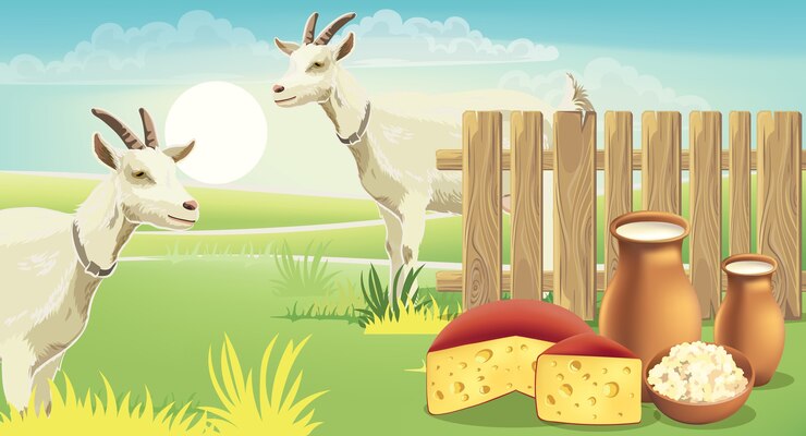 Vector Gratis two goats and meadow near a fence with cheese, cottage cheese and milk on the grass. realistic. 
