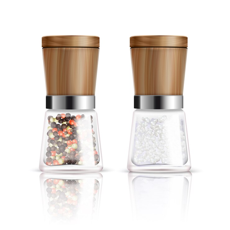 Vector Gratis two isolated realistic salt and pepper mill composition with glass container and wooden cover vector illustration