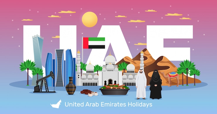 Vector Gratis uae travel flat horizontal composition with tourists attractions national flag clothing dishes natural monuments architecture  illustration