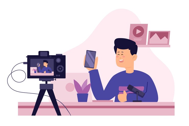 Vector Gratis ulasan blogger memegang smartphone