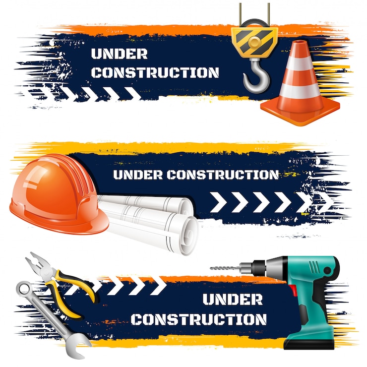 Vector Gratis under construction grunge banners with road barrier protective helmet hook of elevating crane realistic icons