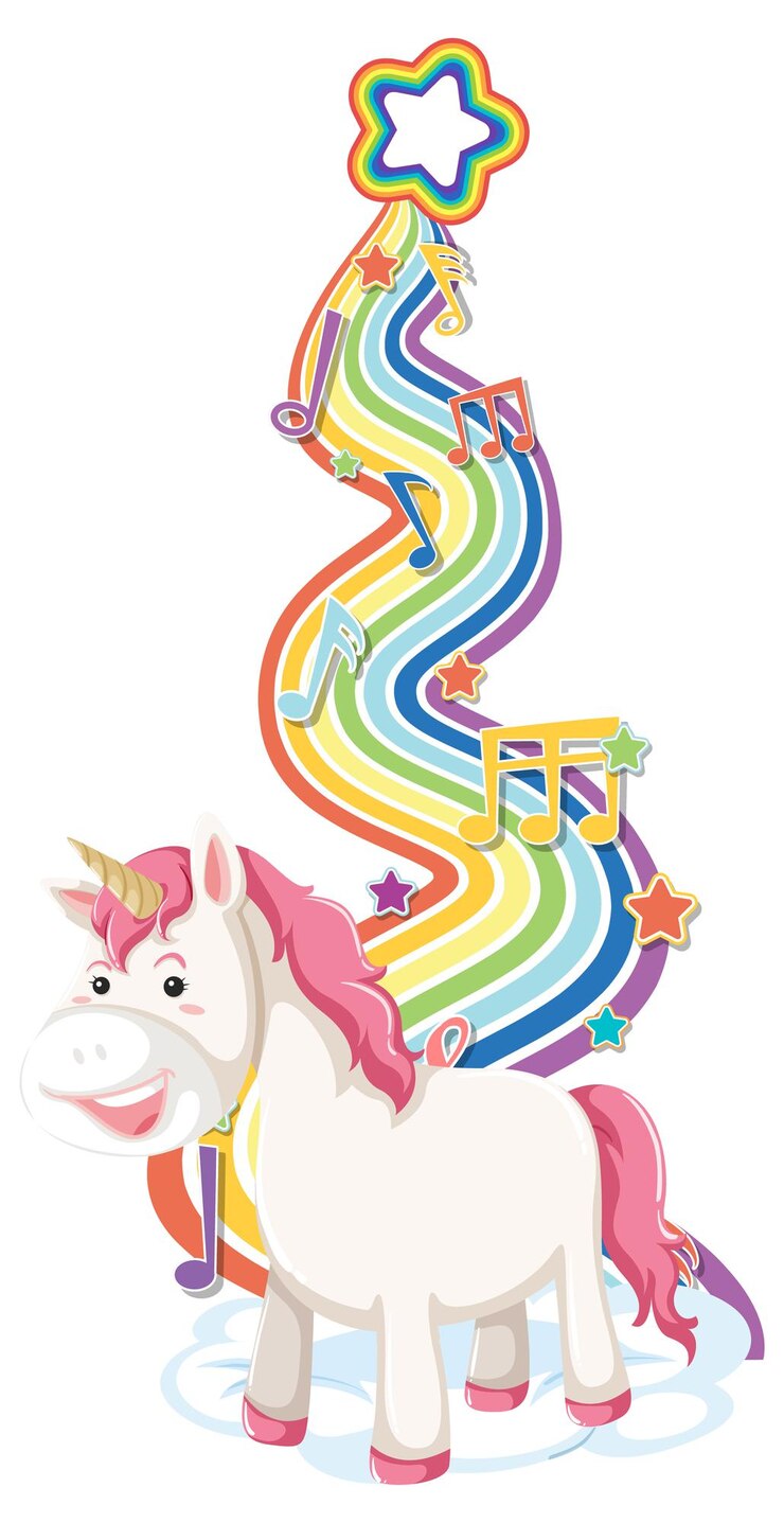 Vector Gratis unicorn berdiri di atas awan dengan pelangi dengan latar belakang putih
