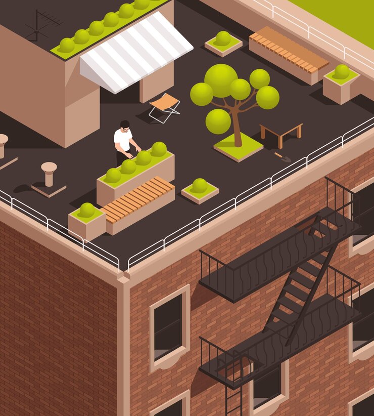 Vector Gratis urban city green spaces eco design isometric colored concept rooftop coffee house with green plants and decorations vector illustration