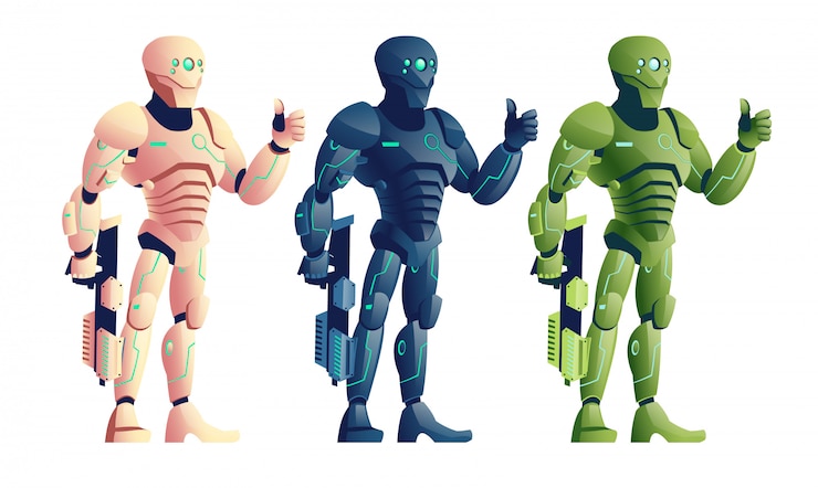 Vector Gratis various color, future cyborg warriors, soldiers in futuristic armor, alien army robot