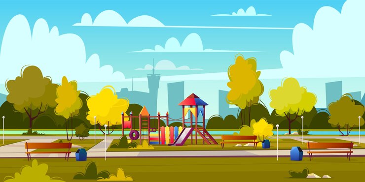 Vector Gratis vector background of cartoon playground in park at summer. landscape with green trees, plants and bu