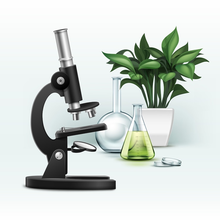 Vector Gratis vector black metal optical microscope, petri dish, flask with green liquid and plant isolated on background