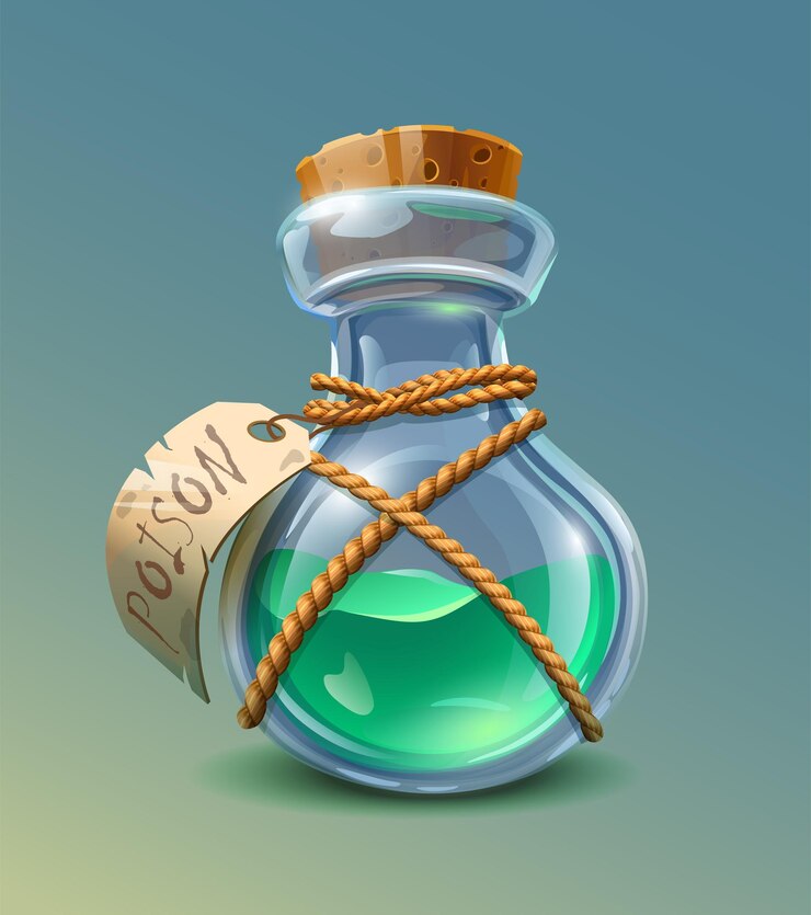 Vector Gratis vector cartoon style icon illustration glass bottle of green poison with rope and label on it