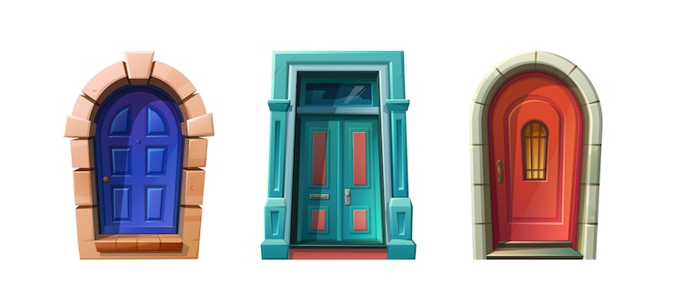 Vector Gratis vector cartoon style illustration wooden front doors in blue red green stone arch castle medieva