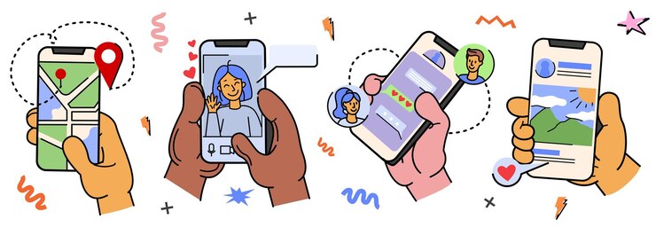 Vector Gratis vector doodle set of flat human hand with mobile phone screen diverse person hands holding
