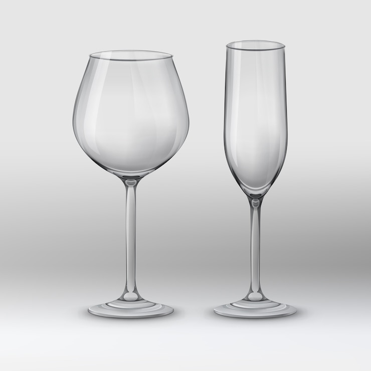 Vector Gratis vector illustration. two types of glasses: wine glass and champagne flute. empty and transparent on gray background