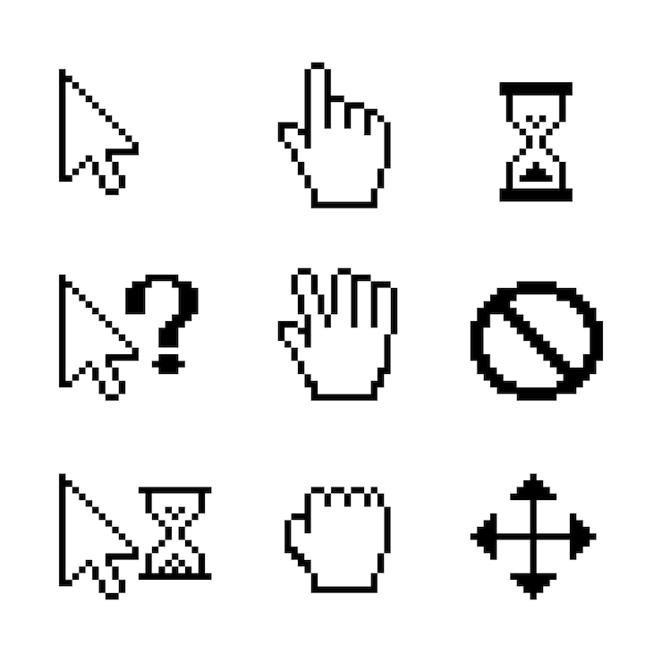 Vector Gratis vector pixel mouse cursors over white: hand drag arrow pointer