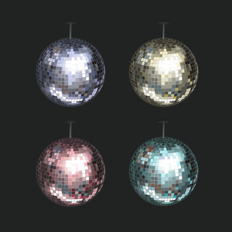 Vector Gratis vector set of blue, yellow, pink and purple disco balls isolated on dark 